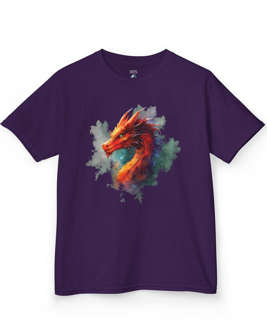 Crimson Majestic Dragon shirt in purple featuring ethereal watercolor art of a red-orange dragon's head and neck