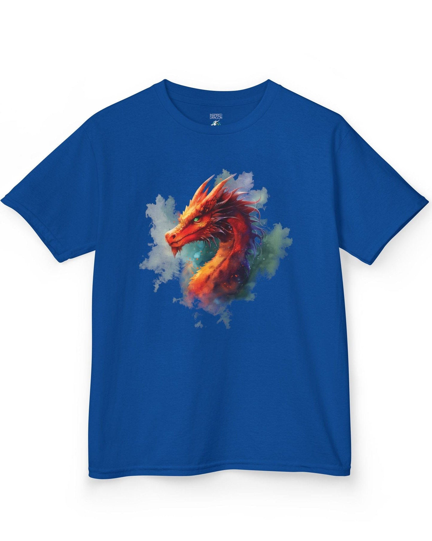 Crimson Majestic Dragon shirt in royal blue featuring ethereal watercolor art of a red-orange dragon's head and neck