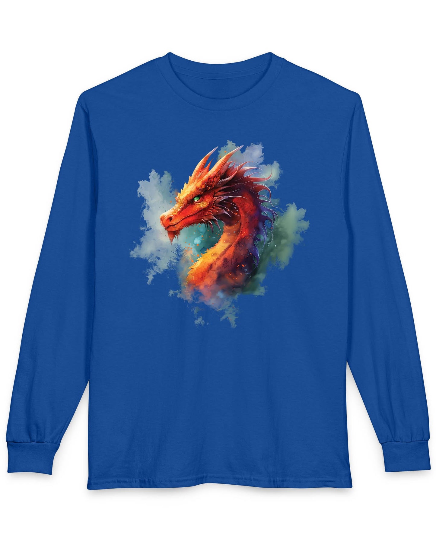 Crimson Majestic Dragon shirt in royal blue featuring ethereal watercolor art of a red-orange dragon's head and neck