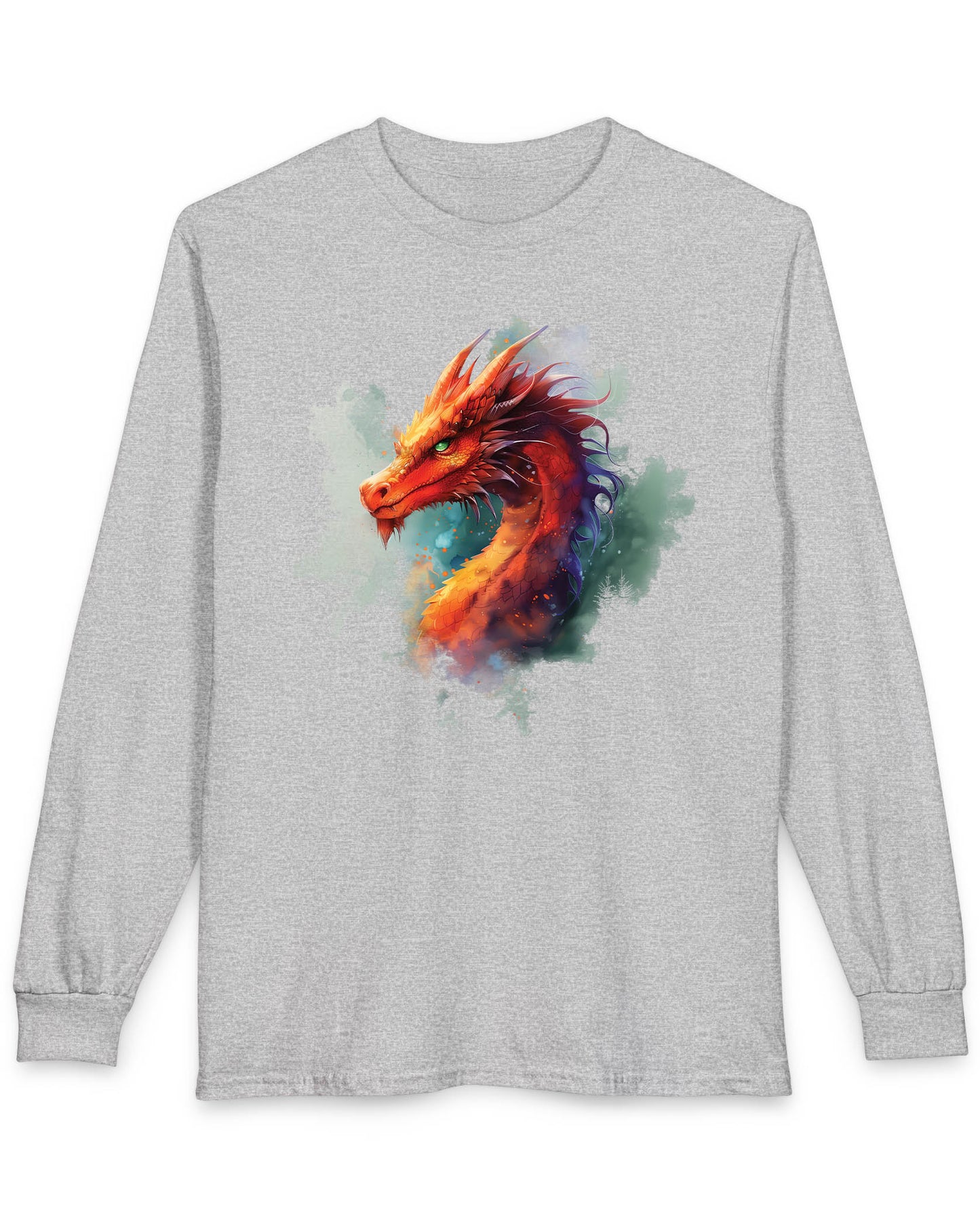 Crimson Majestic Dragon shirt in sport grey featuring ethereal watercolor art of a red-orange dragon's head and neck
