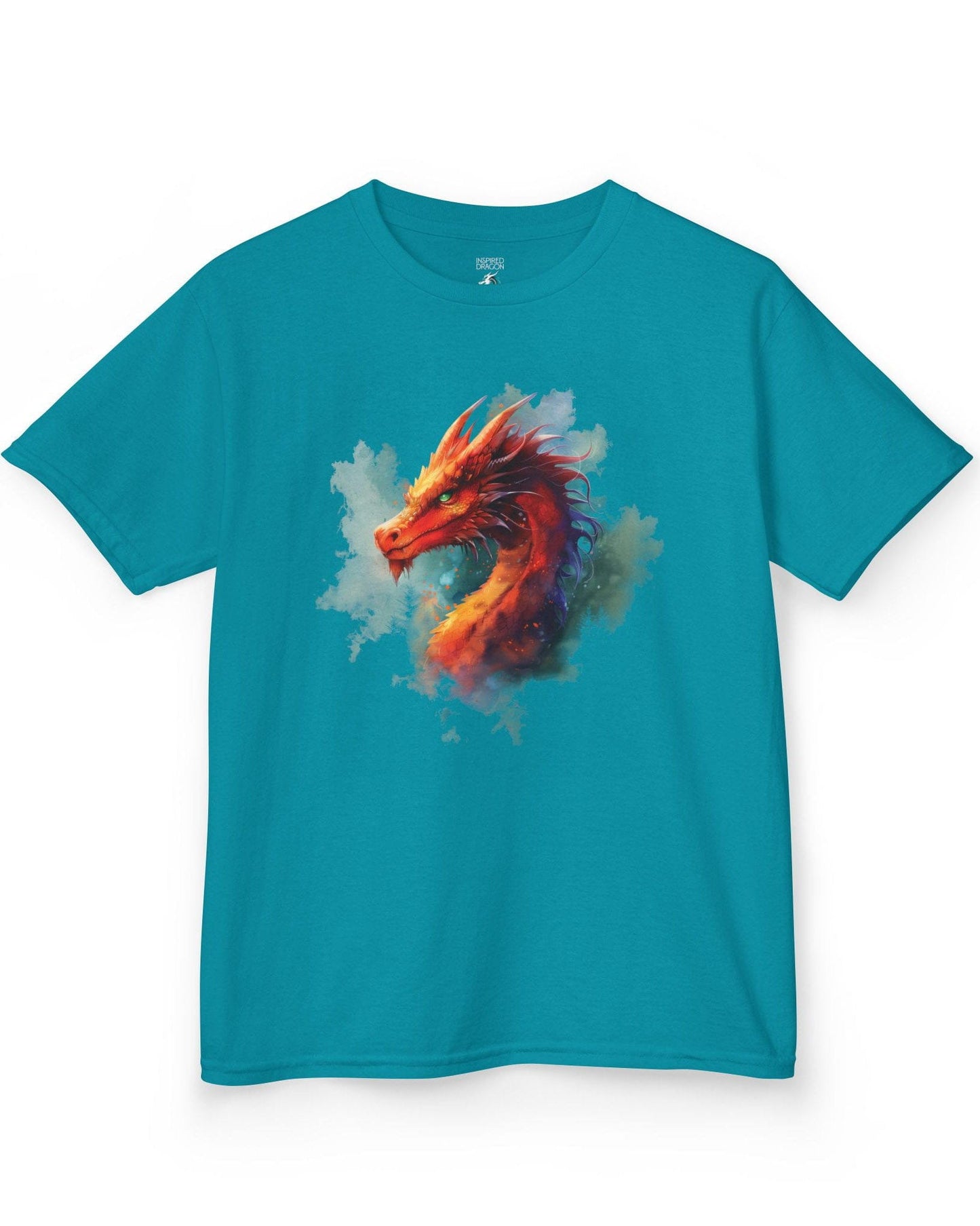Crimson Majestic Dragon shirt in tropical blue featuring ethereal watercolor art of a red-orange dragon's head and neck