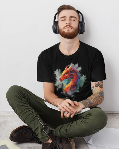 Man wearing headphones resting and wearing a Crimson Majestic Dragon shirt featuring ethereal watercolor art.