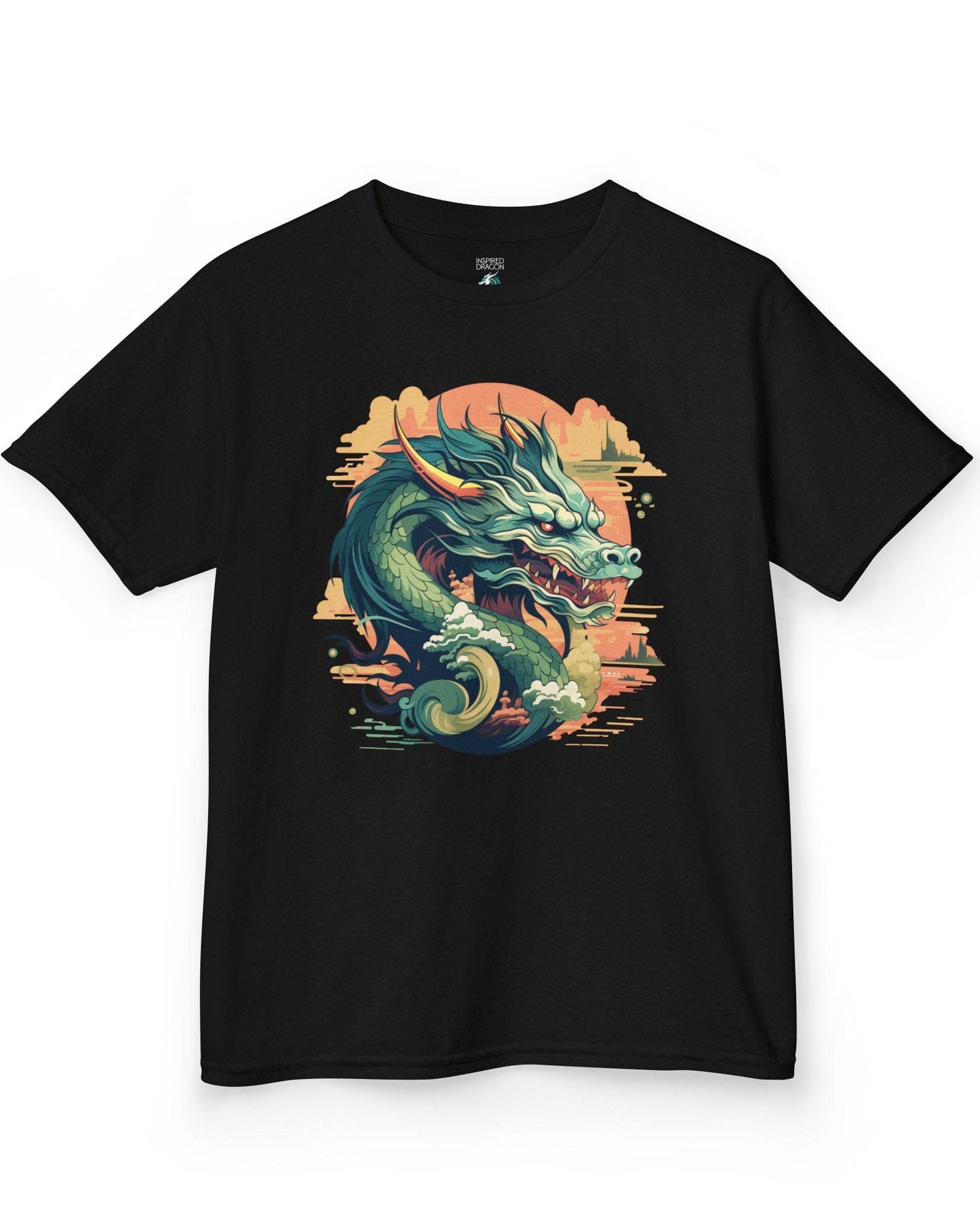 Sunset Sovereign Dragon shirt in black featuring a jade-colored serpentine dragon in a golden sunset sky