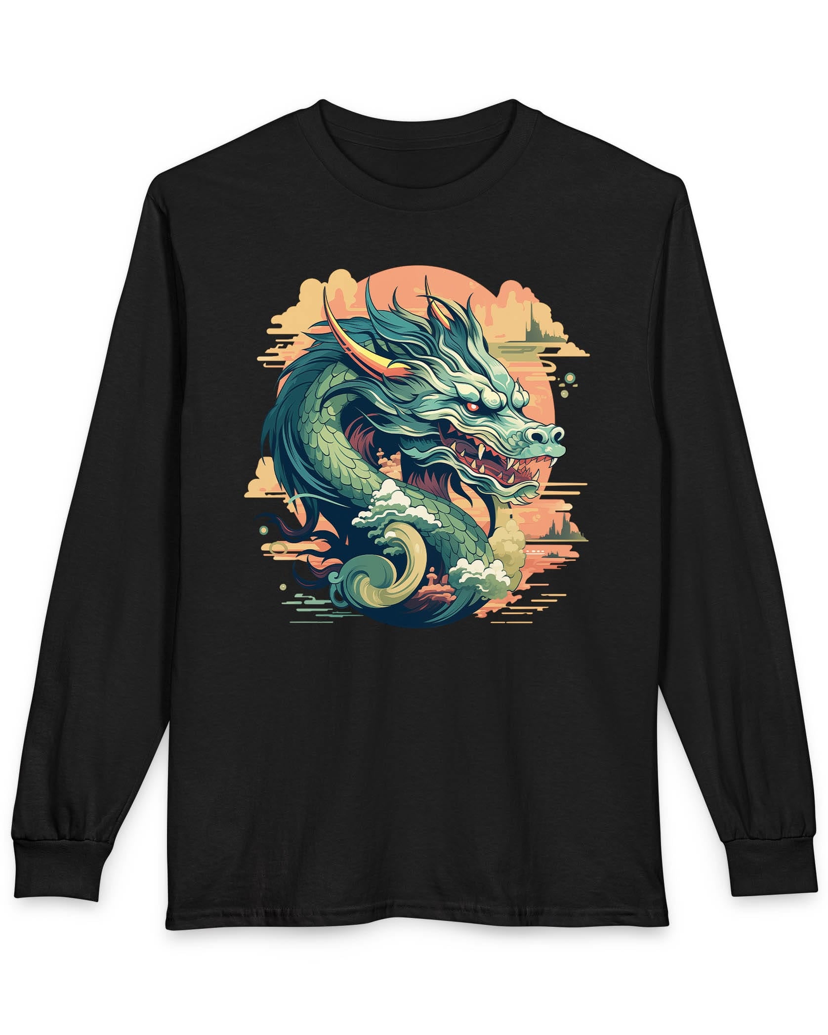 Sunset Sovereign Dragon shirt in black featuring a jade-colored serpentine dragon in a golden sunset sky