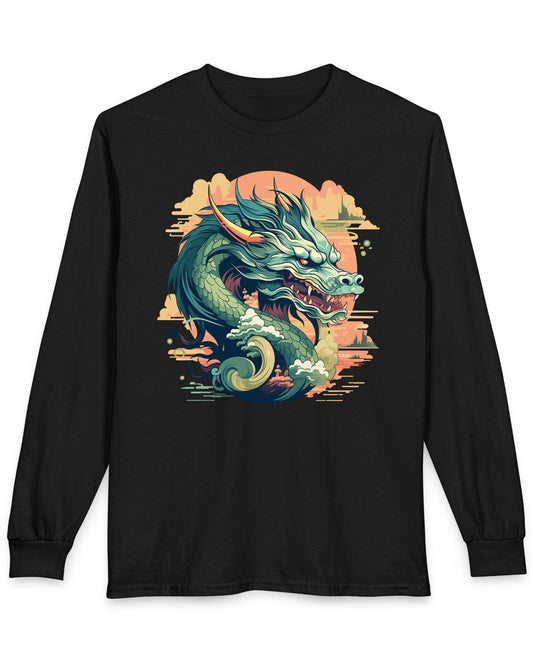 Sunset Sovereign Dragon shirt in black featuring a jade-colored serpentine dragon in a golden sunset sky