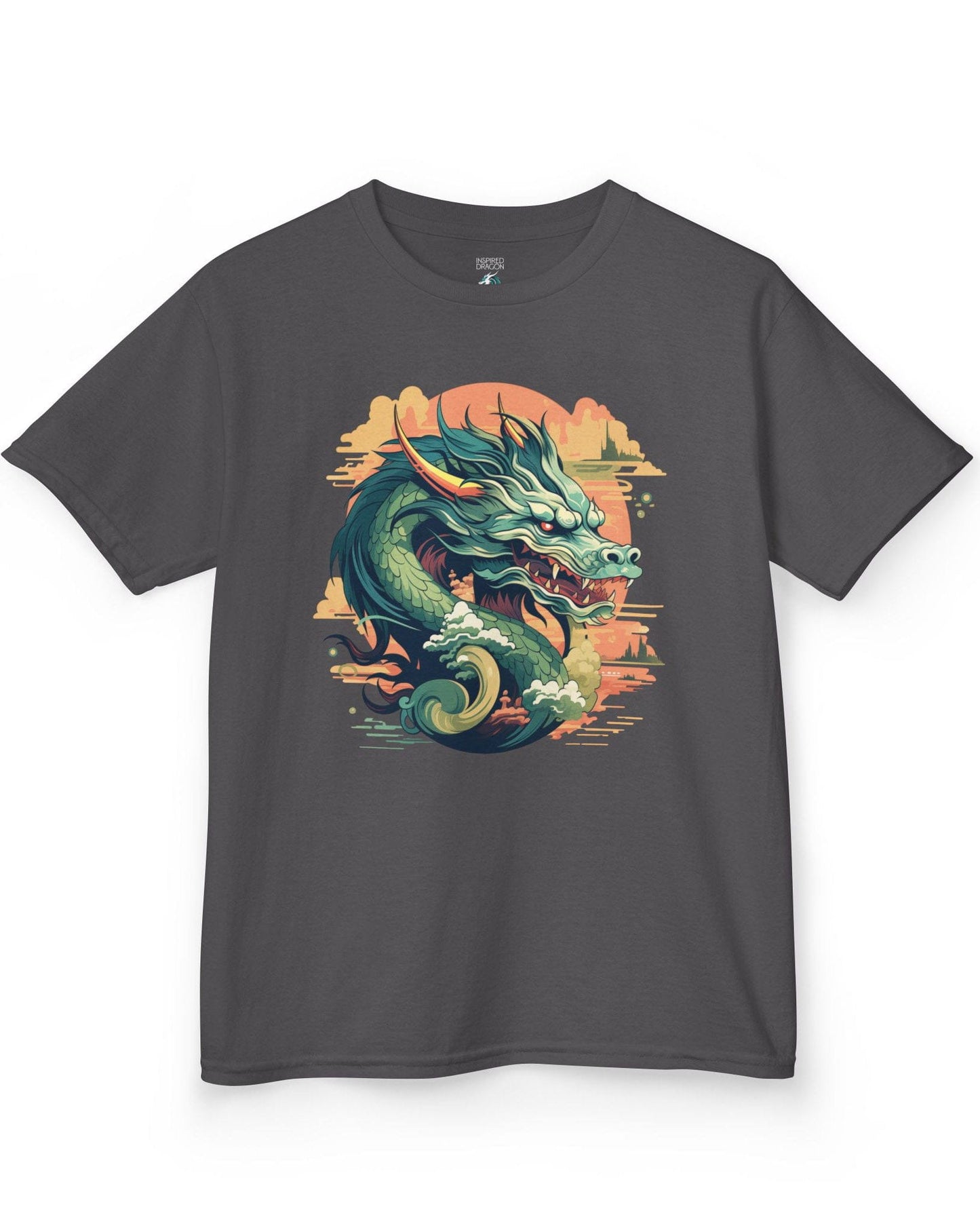 Sunset Sovereign Dragon shirt in charcoal featuring a jade-colored serpentine dragon in a golden sunset sky