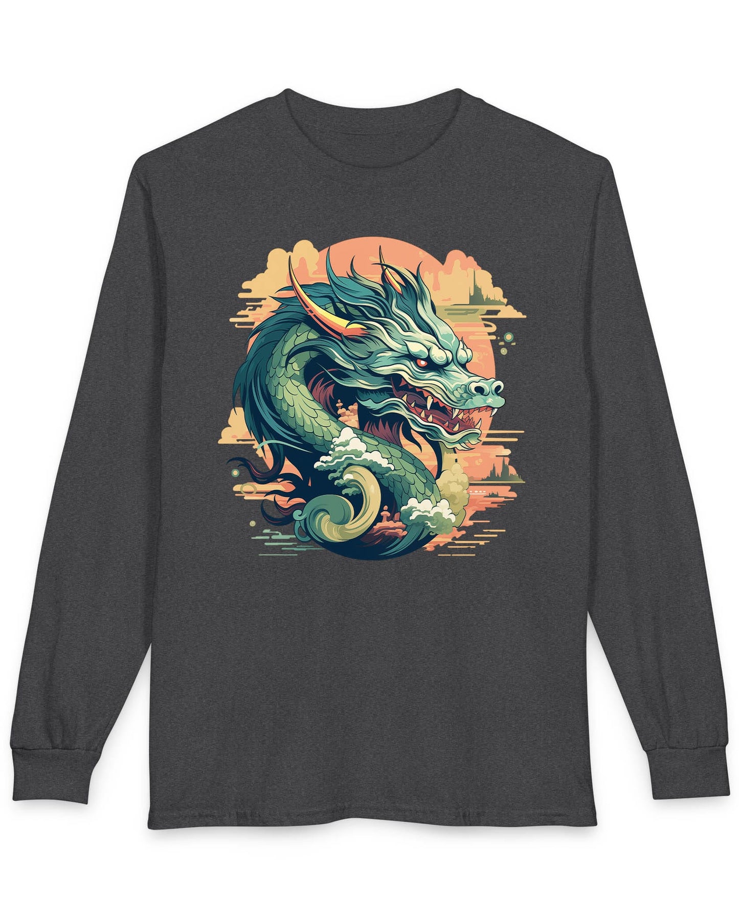 Sunset Sovereign Dragon shirt in dark heather featuring a jade-colored serpentine dragon in a golden sunset sky