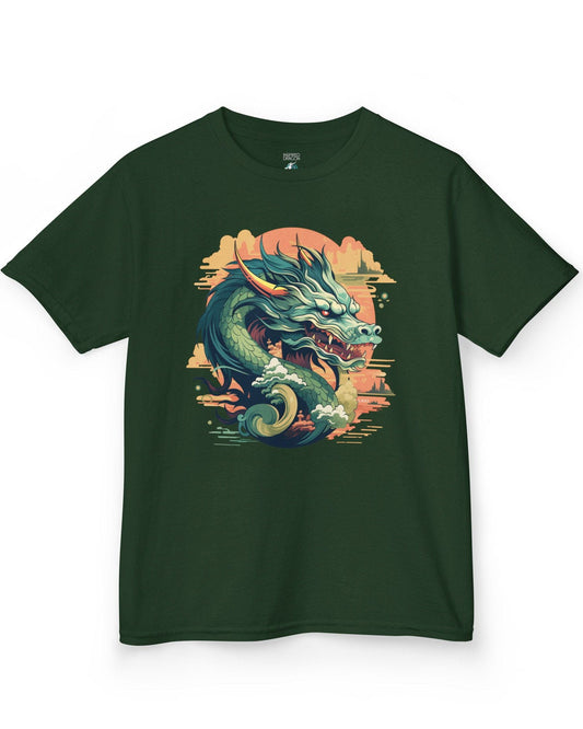 Sunset Sovereign Dragon shirt in forest green featuring a jade-colored serpentine dragon in a golden sunset sky