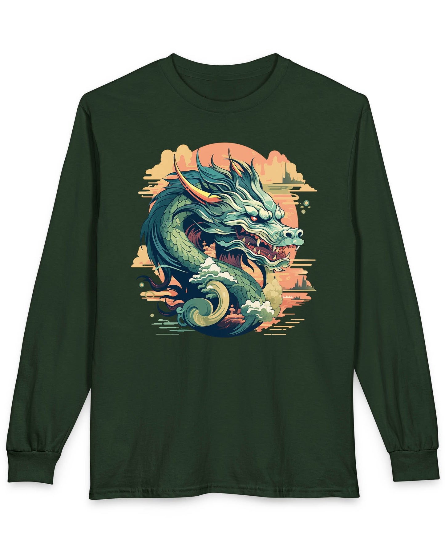 Sunset Sovereign Dragon shirt in forest green featuring a jade-colored serpentine dragon in a golden sunset sky