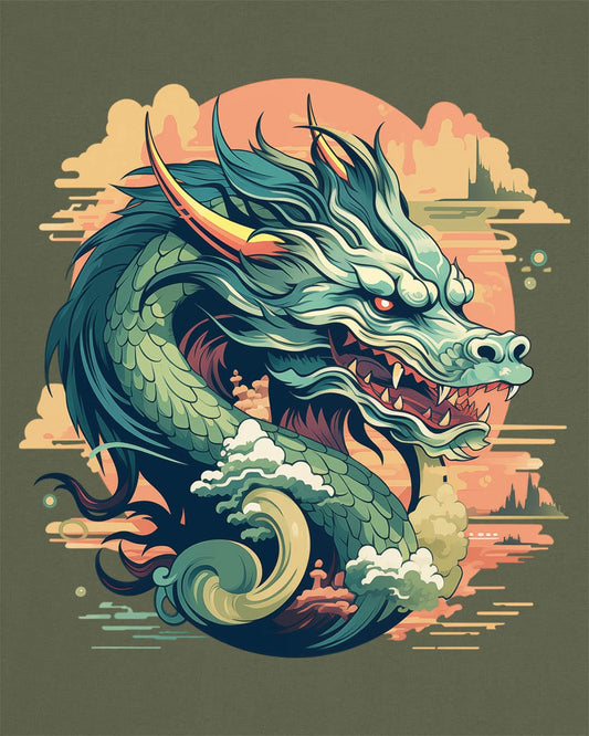 Sunset Sovereign Dragon shirt in military green featuring a jade-colored serpentine dragon in a golden sunset sky.
