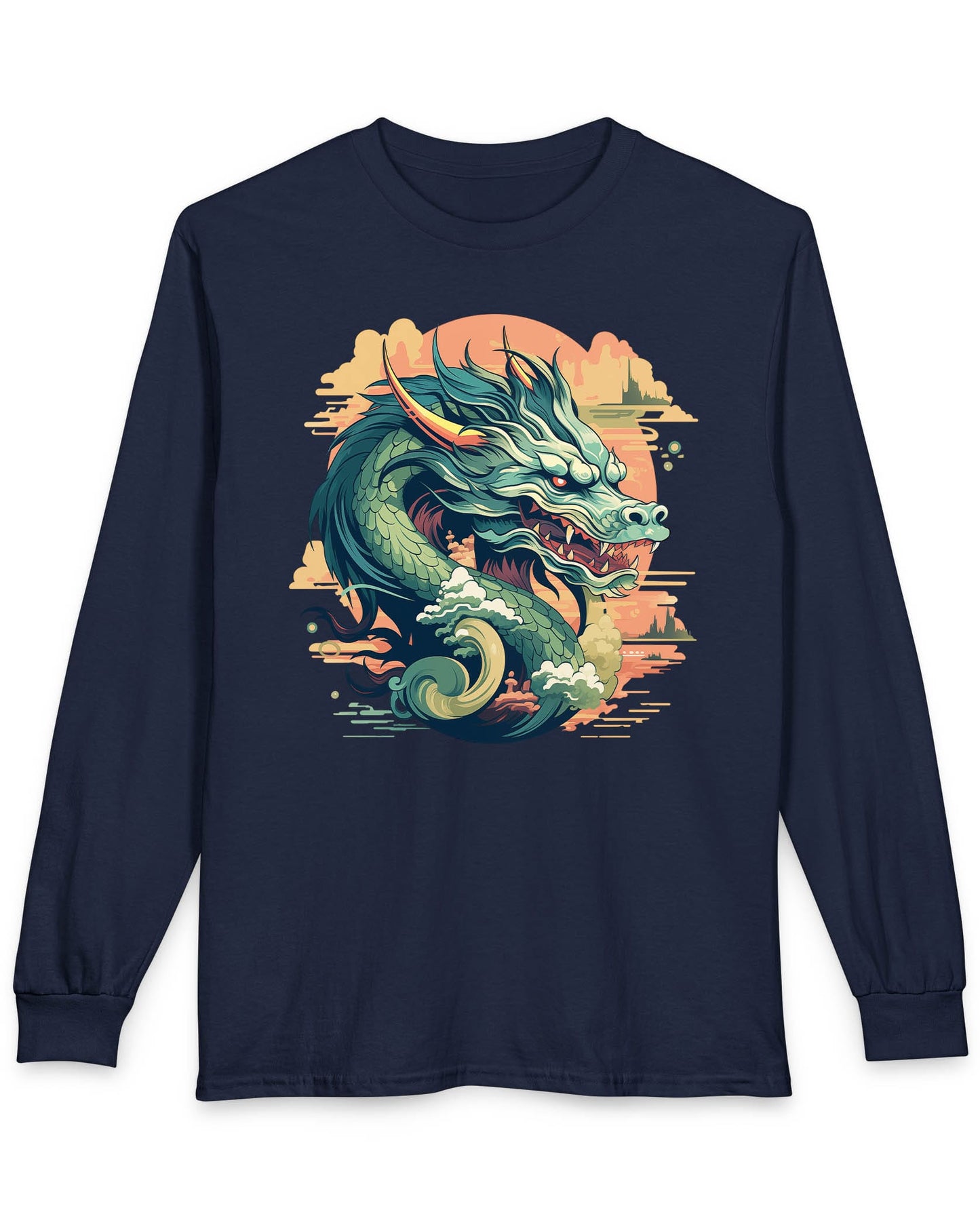 Sunset Sovereign Dragon shirt in navy featuring a jade-colored serpentine dragon in a golden sunset sky