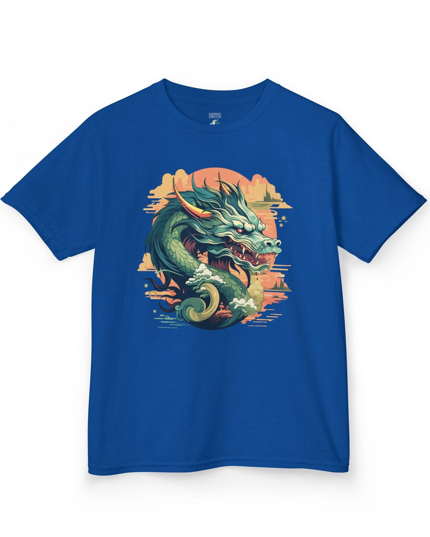 Sunset Sovereign Dragon shirt in royal blue featuring a jade-colored serpentine dragon in a golden sunset sky