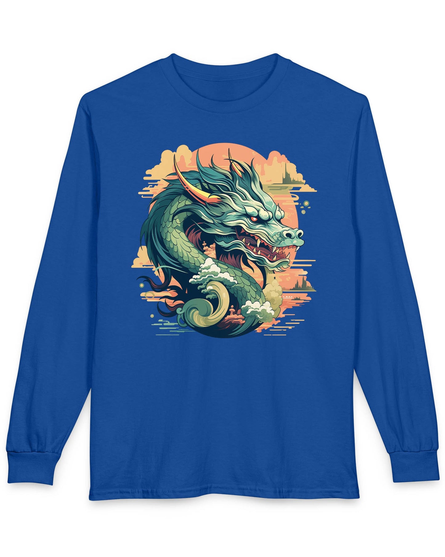 Sunset Sovereign Dragon shirt in royal blue featuring a jade-colored serpentine dragon in a golden sunset sky