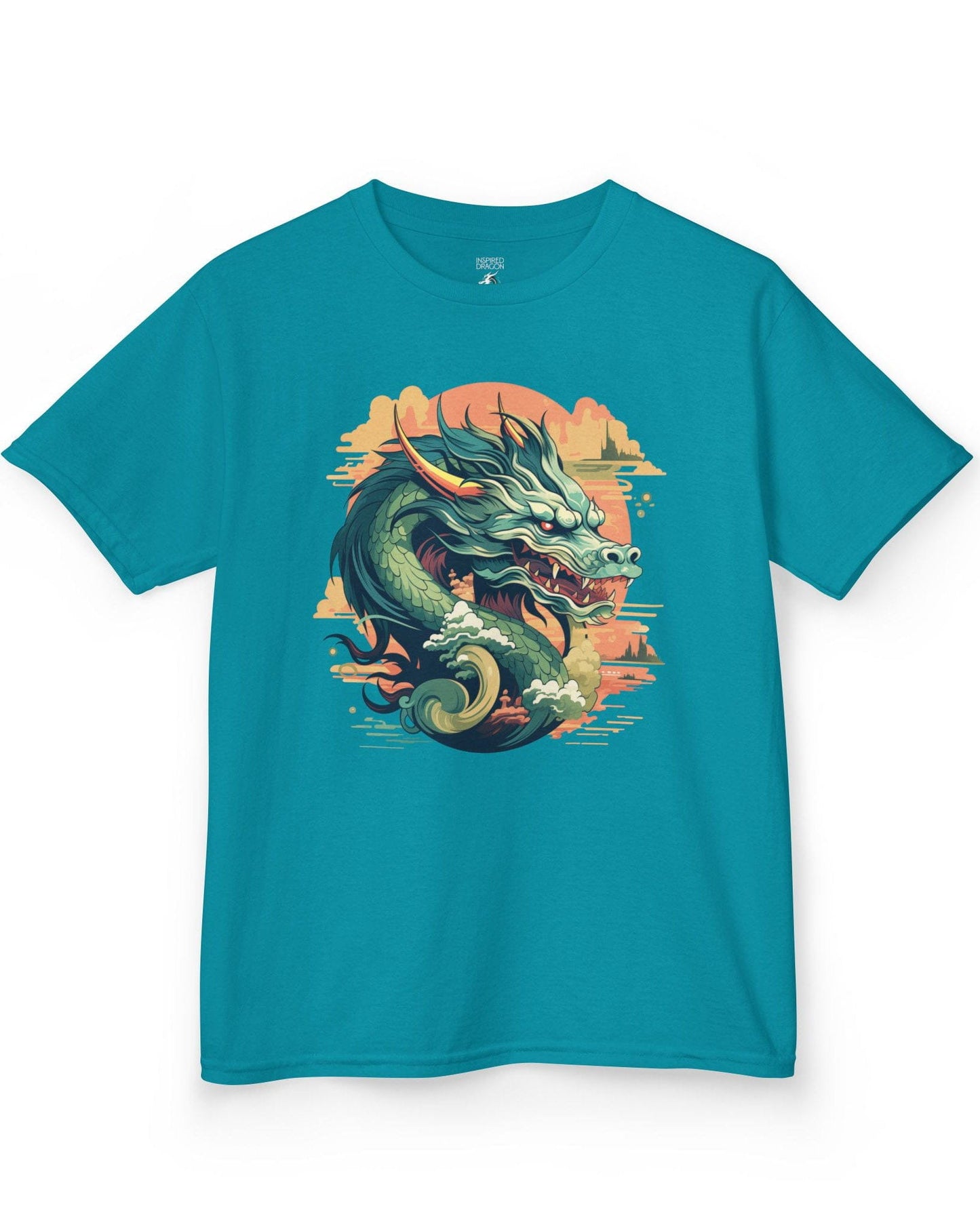 Sunset Sovereign Dragon shirt in tropical blue featuring a jade-colored serpentine dragon in a golden sunset sky