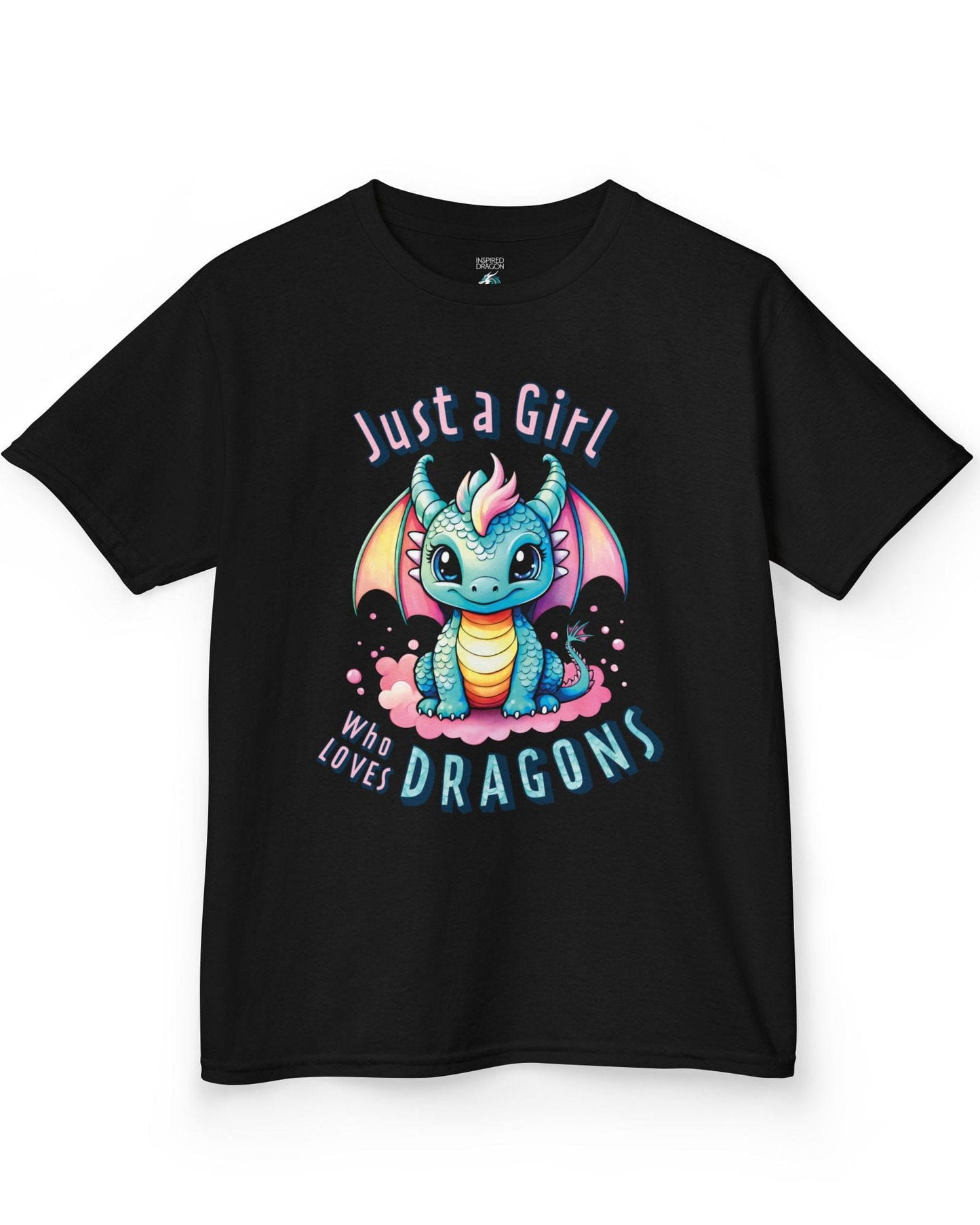 Just a Girl Who Loves Dragons shirt in black featuring an adorable wide-eyed dragon in vibrant pastel colors.