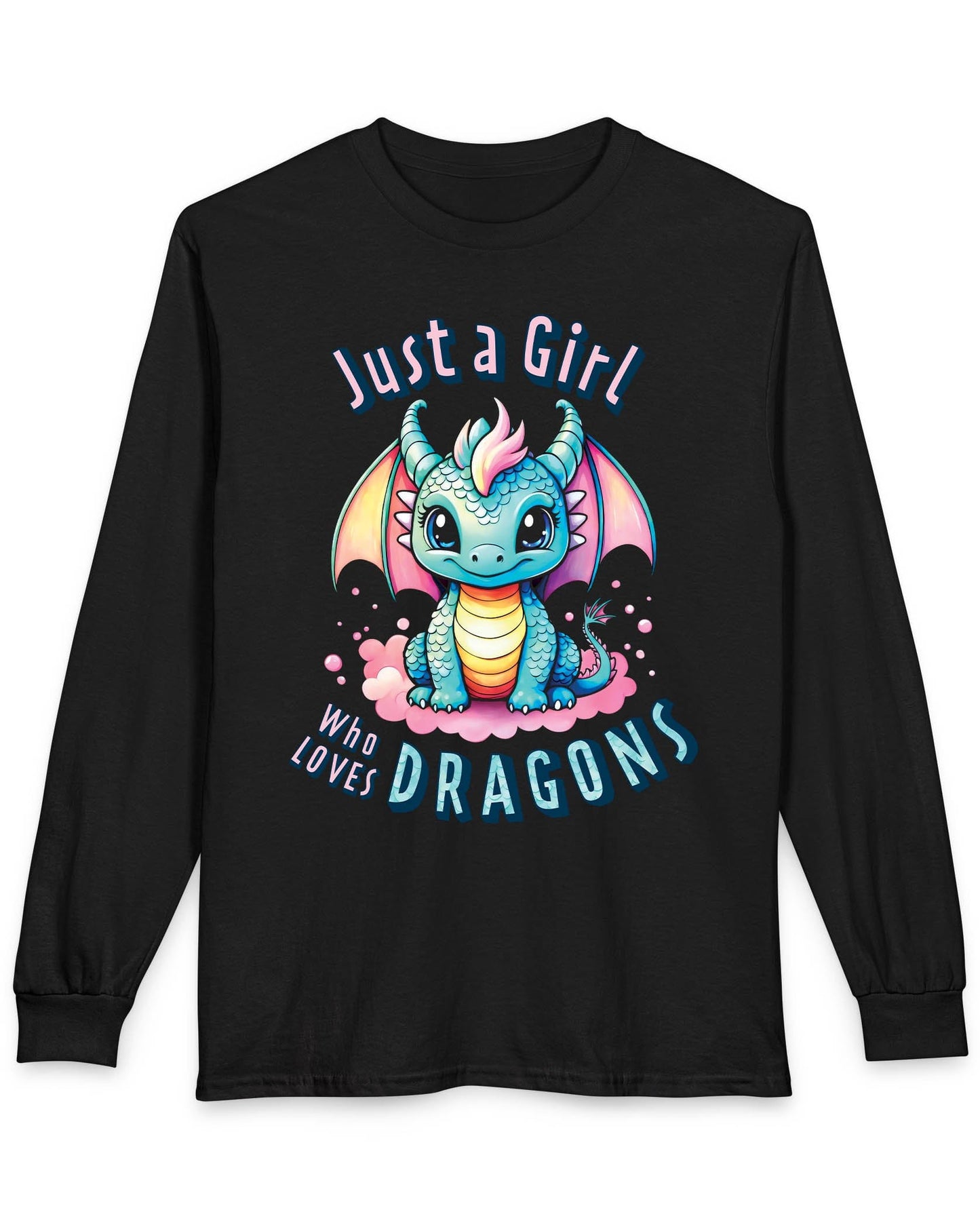 Just a Girl Who Loves Dragons shirt in black featuring an adorable wide-eyed dragon in vibrant pastel colors.