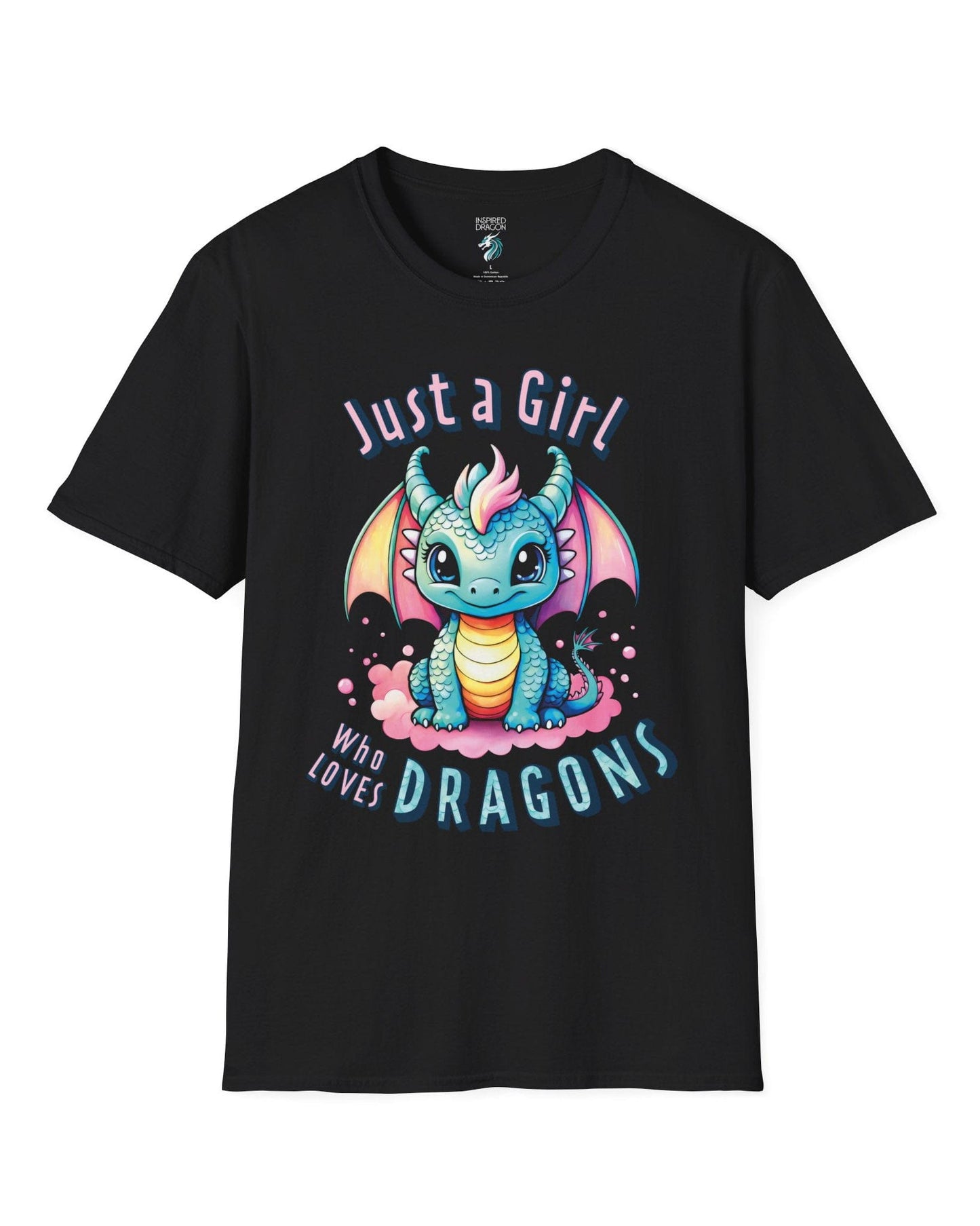 Just a Girl Who Loves Dragons shirt in black featuring an adorable wide-eyed dragon in vibrant pastel colors.
