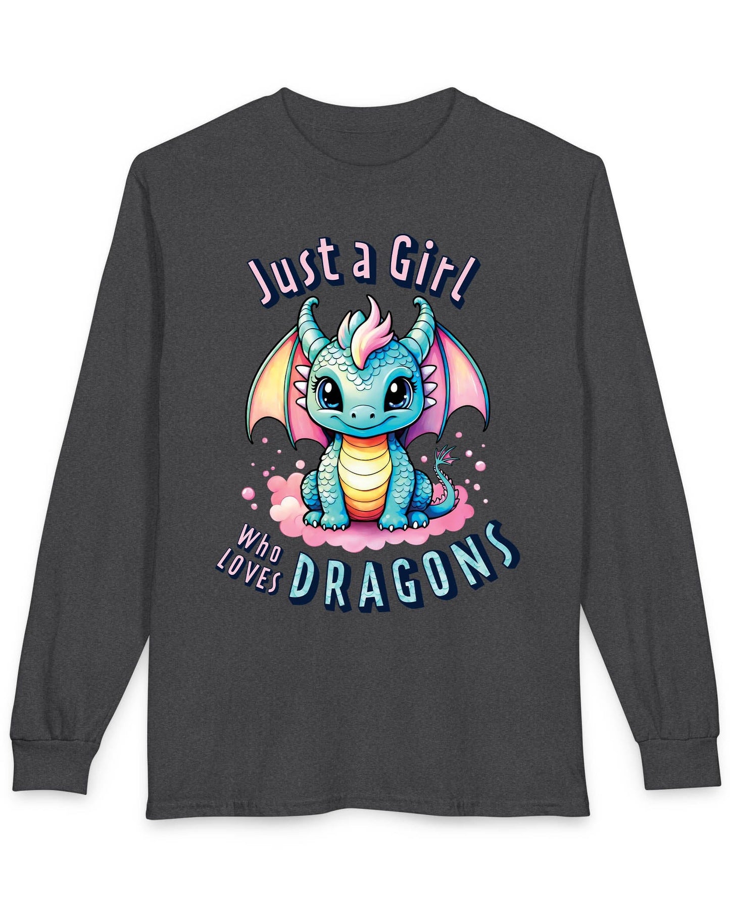Just a Girl Who Loves Dragons shirt in dark heather grey featuring an adorable wide-eyed dragon in vibrant pastel colors.