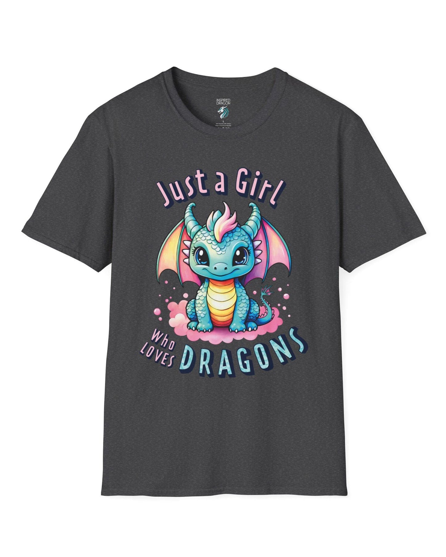 Just a Girl Who Loves Dragons shirt in dark heather grey featuring an adorable wide-eyed dragon in vibrant pastel colors.
