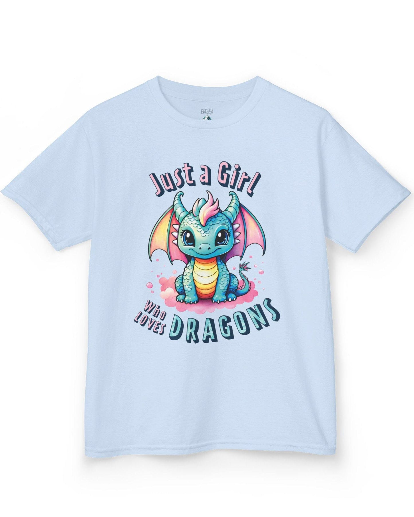 Just a Girl Who Loves Dragons shirt in light blue featuring an adorable wide-eyed dragon in vibrant pastel colors.