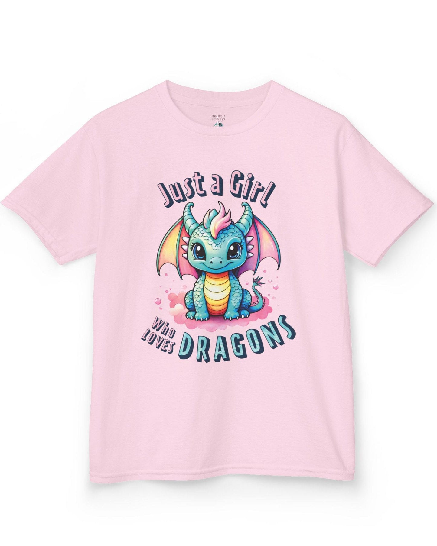 Just a Girl Who Loves Dragons shirt in light pink featuring an adorable wide-eyed dragon in vibrant pastel colors.