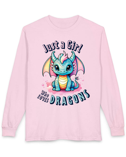 Just a Girl Who Loves Dragons shirt in light pink featuring an adorable wide-eyed dragon in vibrant pastel colors.