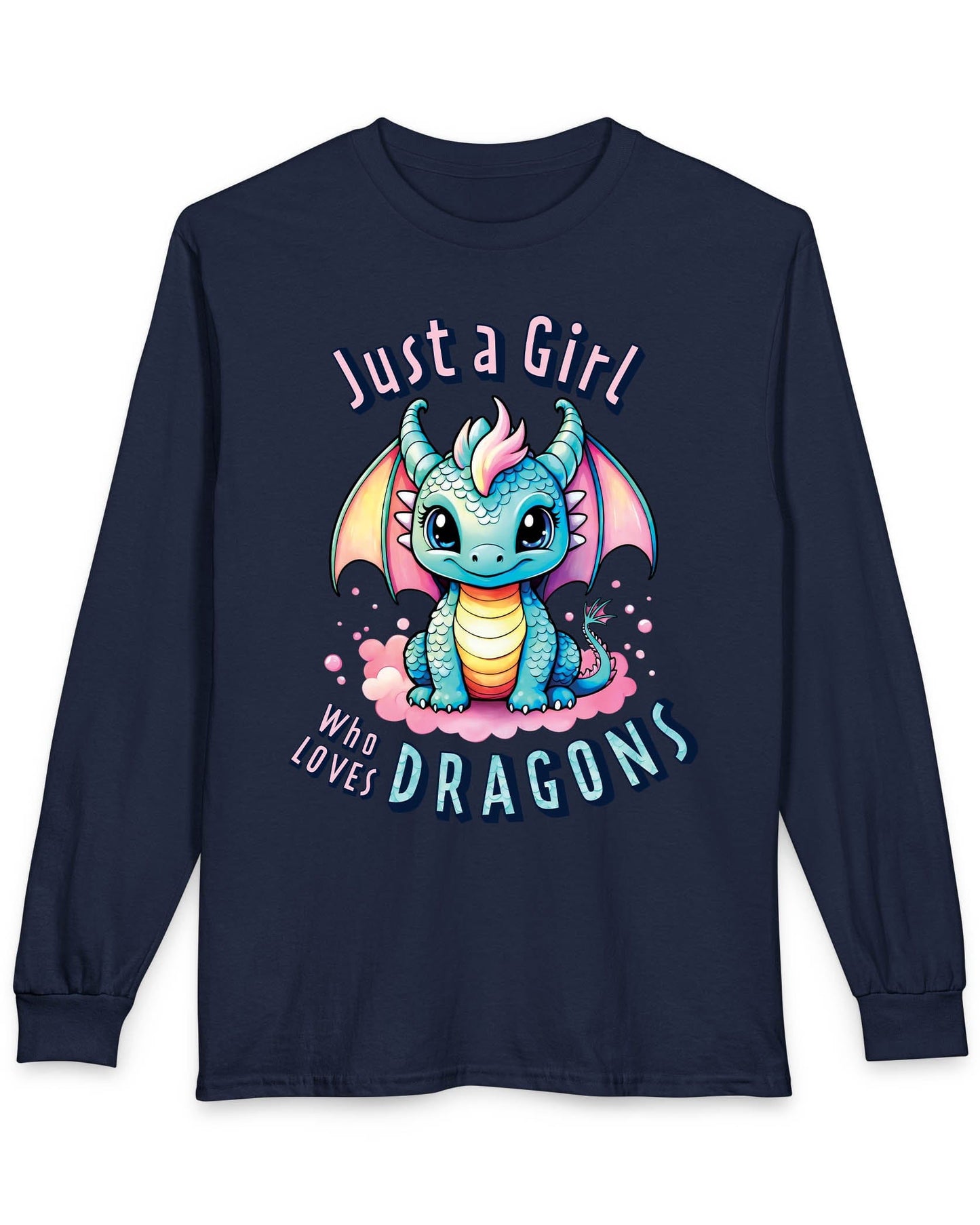 Just a Girl Who Loves Dragons shirt in navy featuring an adorable wide-eyed dragon in vibrant pastel colors.