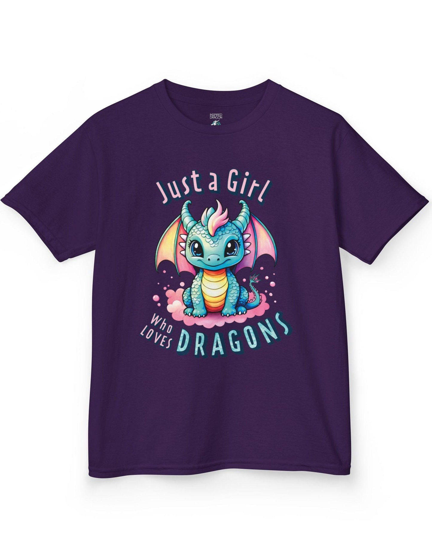 Just a Girl Who Loves Dragons shirt in purple featuring an adorable wide-eyed dragon in vibrant pastel colors.