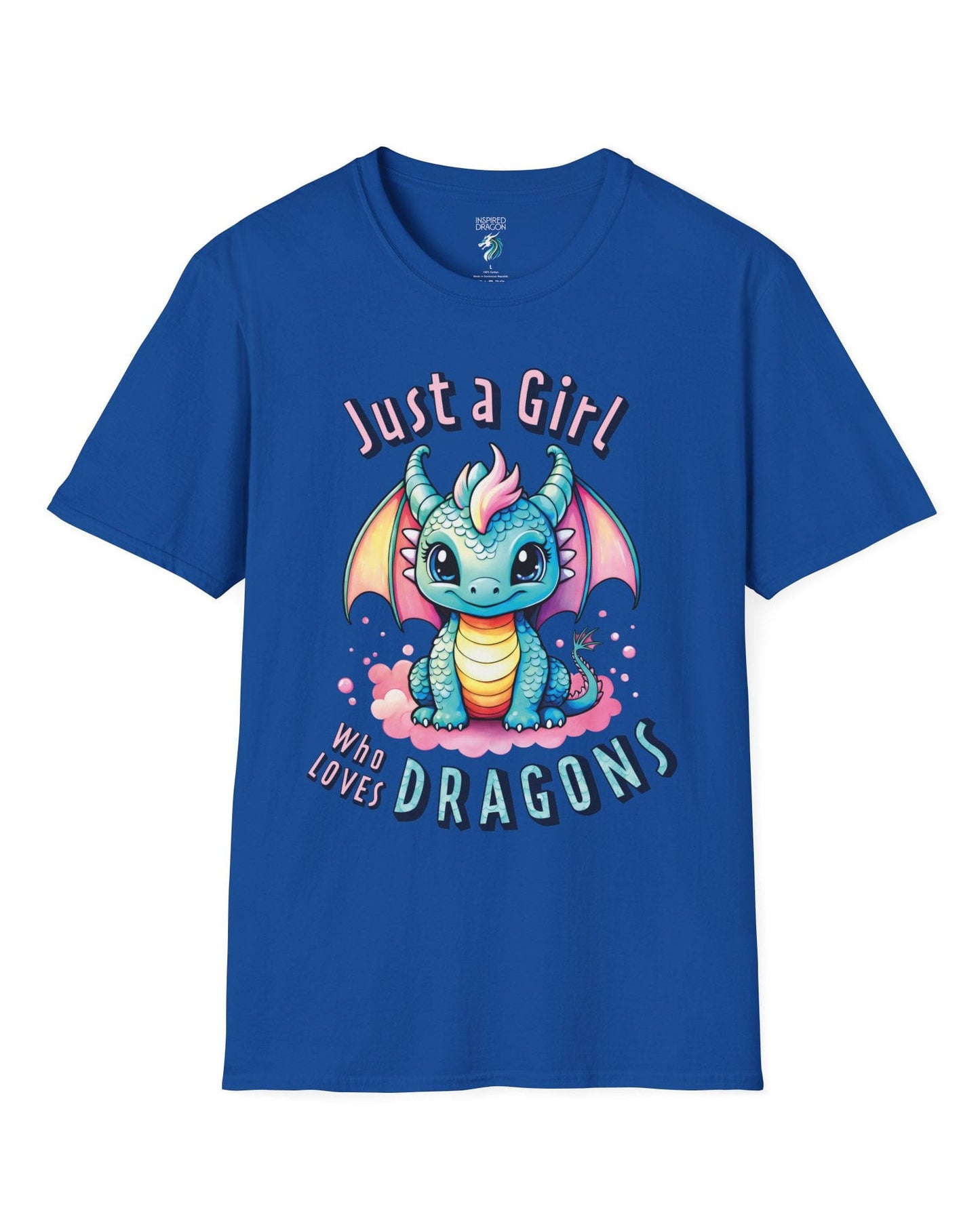 Just a Girl Who Loves Dragons shirt in royal blue featuring an adorable wide-eyed dragon in vibrant pastel colors.
