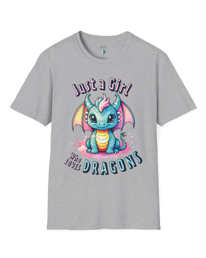 Just a Girl Who Loves Dragons shirt in sport grey featuring an adorable wide-eyed dragon in vibrant pastel colors.
