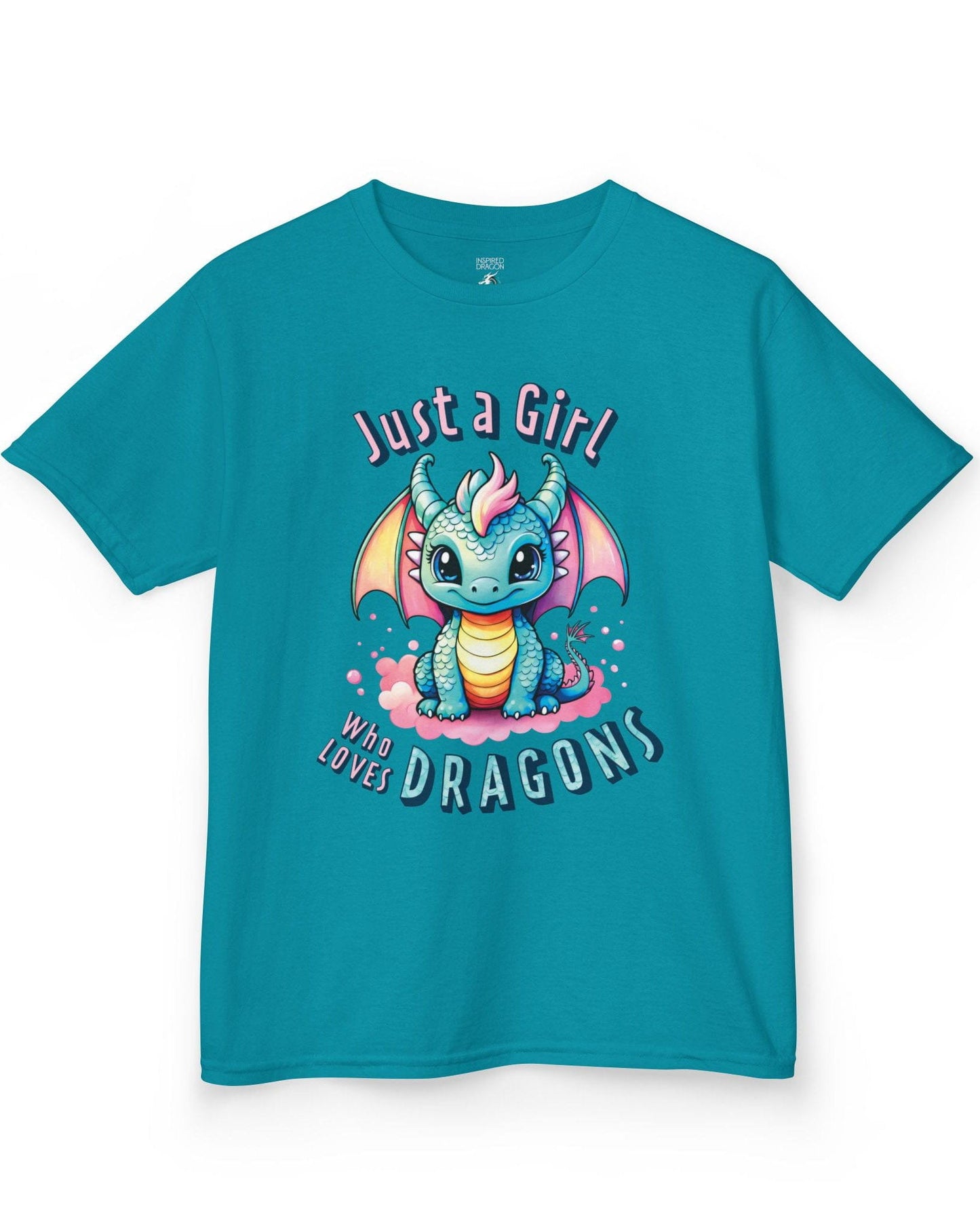 Just a Girl Who Loves Dragons shirt in tropical blue featuring an adorable wide-eyed dragon in vibrant pastel colors.