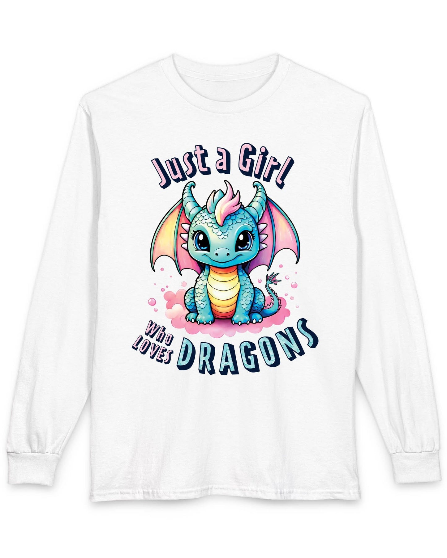 Just a Girl Who Loves Dragons shirt in white featuring an adorable wide-eyed dragon in vibrant pastel colors.