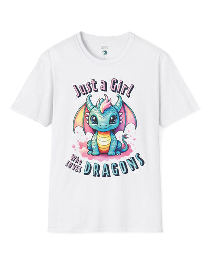 Just a Girl Who Loves Dragons shirt in white featuring an adorable wide-eyed dragon in vibrant pastel colors.
