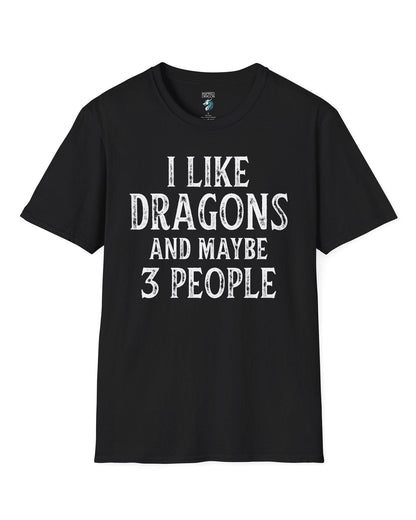 I Like Dragons and Maybe 3 People shirt in black, featuring a funny text-only design with a distressed font.
