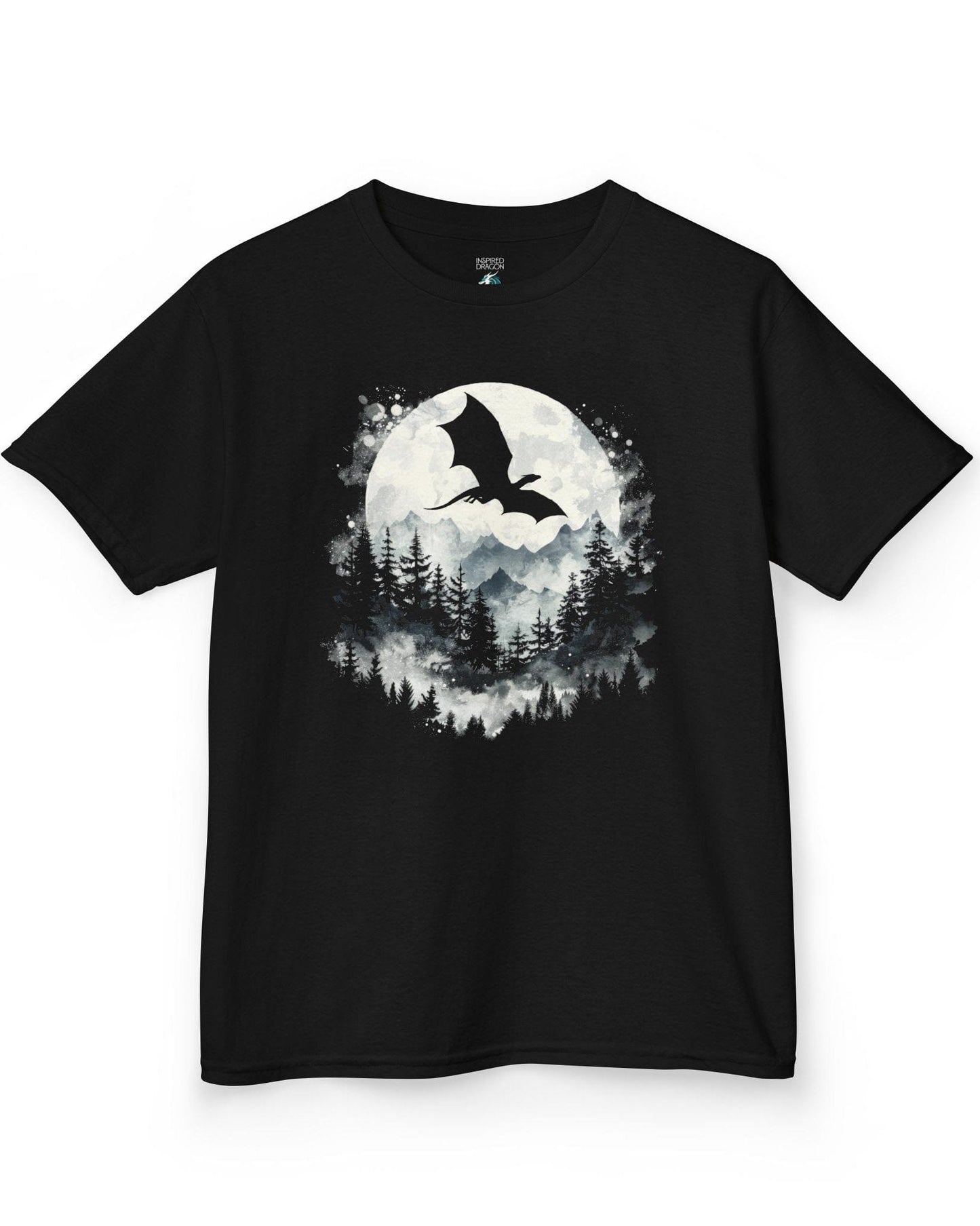 Full Moon Flight Dragon shirt in black featuring a flying dragon silhouette soaring past a glowing full moon and mountains.