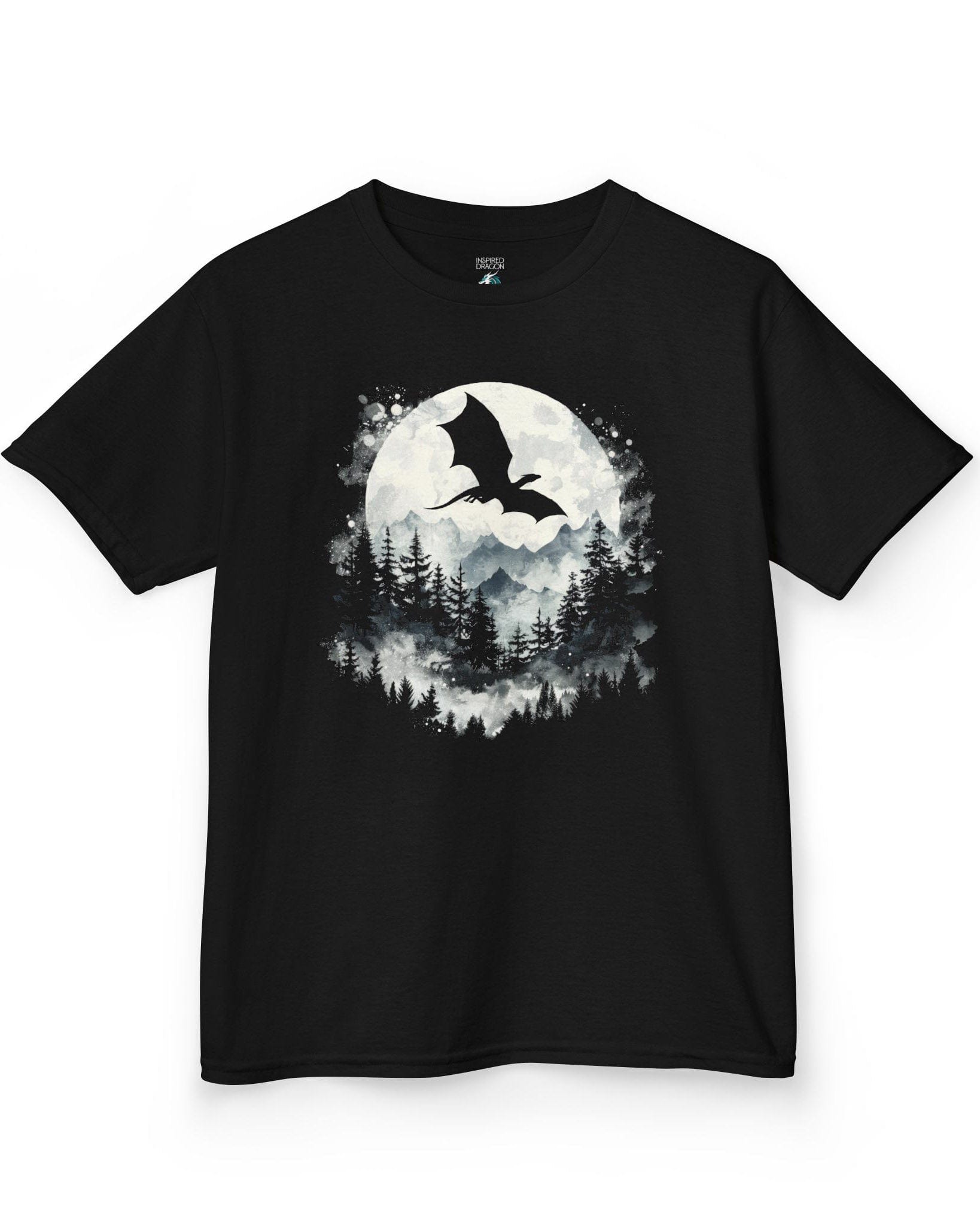Full Moon Flight Dragon shirt in black featuring a flying dragon silhouette soaring past a glowing full moon and mountains.
