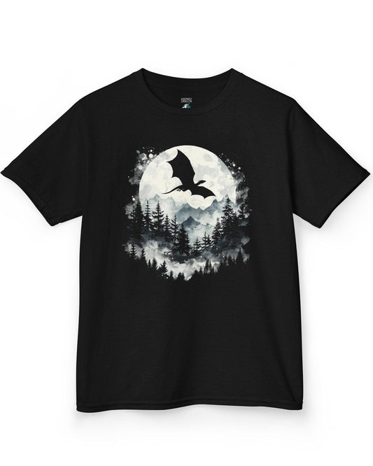 Full Moon Flight Dragon shirt in black featuring a flying dragon silhouette soaring past a glowing full moon and mountains.