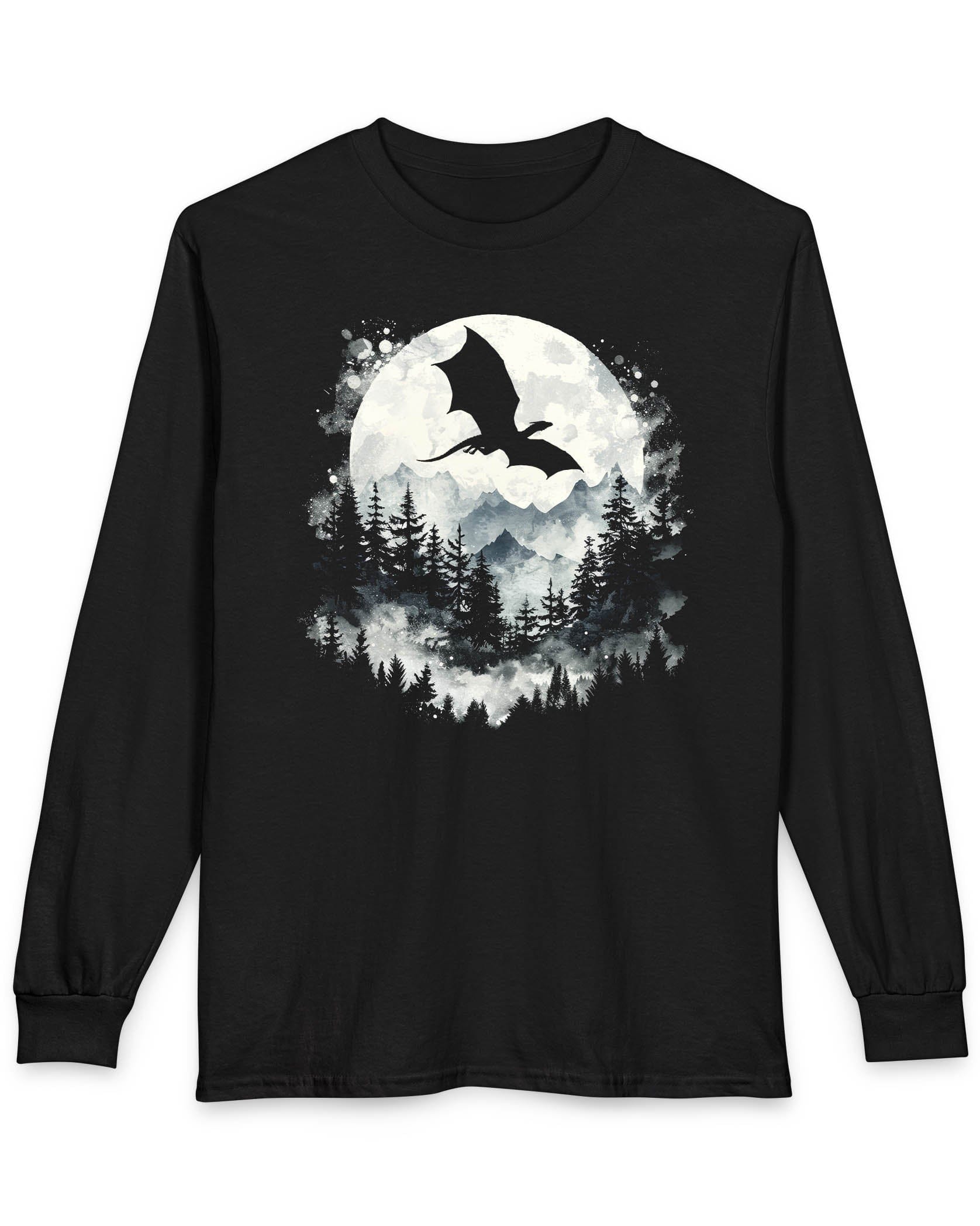 Full Moon Flight Dragon shirt in black featuring a flying dragon silhouette soaring past a glowing full moon and mountains.