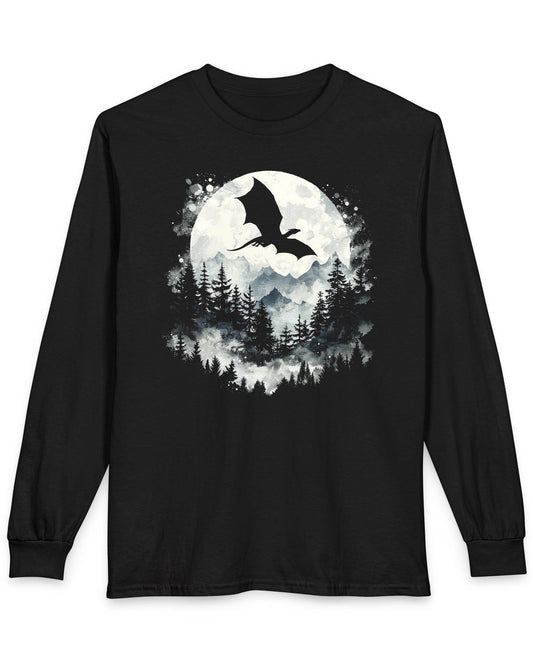 Full Moon Flight Dragon shirt in black featuring a flying dragon silhouette soaring past a glowing full moon and mountains.