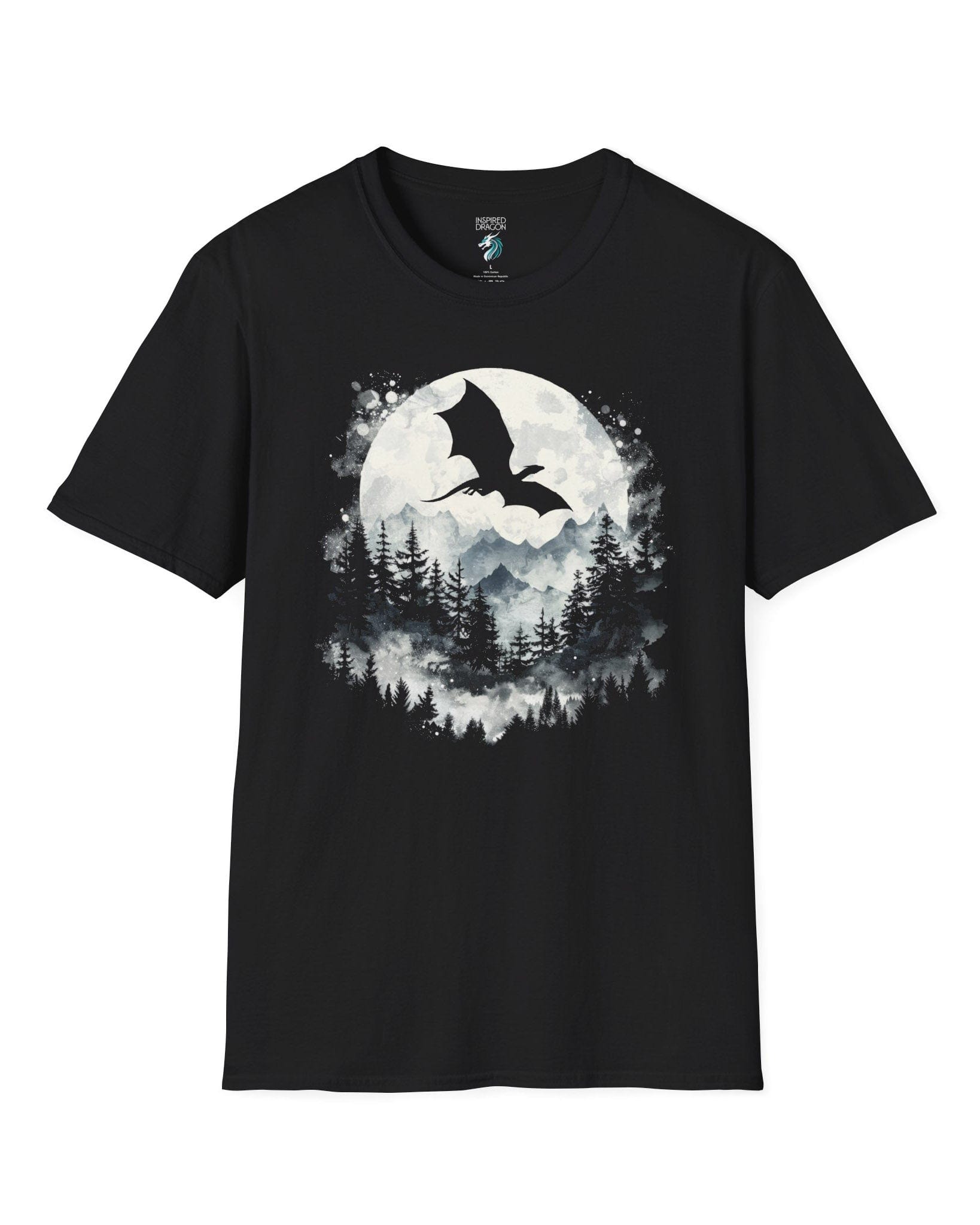 Full Moon Flight Dragon shirt in black featuring a flying dragon silhouette soaring past a glowing full moon and mountains.
