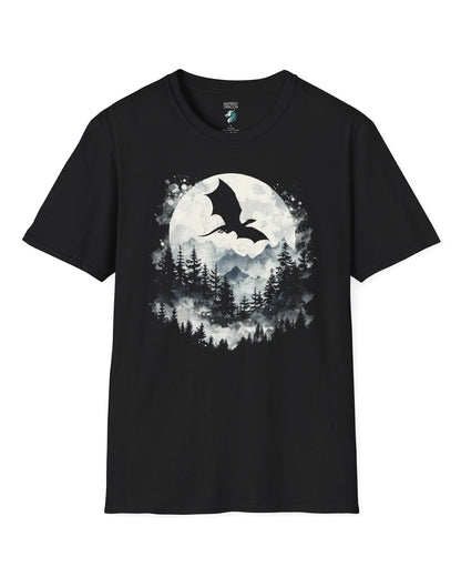 Full Moon Flight Dragon shirt in black featuring a flying dragon silhouette soaring past a glowing full moon and mountains.
