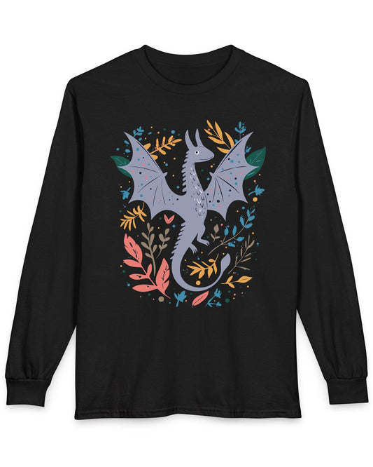 Nature Dragon shirt in black featuring a whimsical flying dragon surrounded by leafy accents in earthy tones