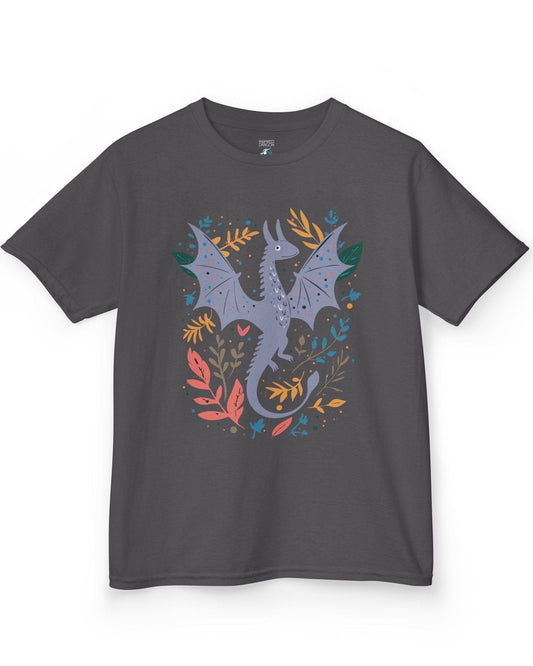 Nature Dragon shirt in charcoal featuring a whimsical flying dragon surrounded by leafy accents in earthy tones