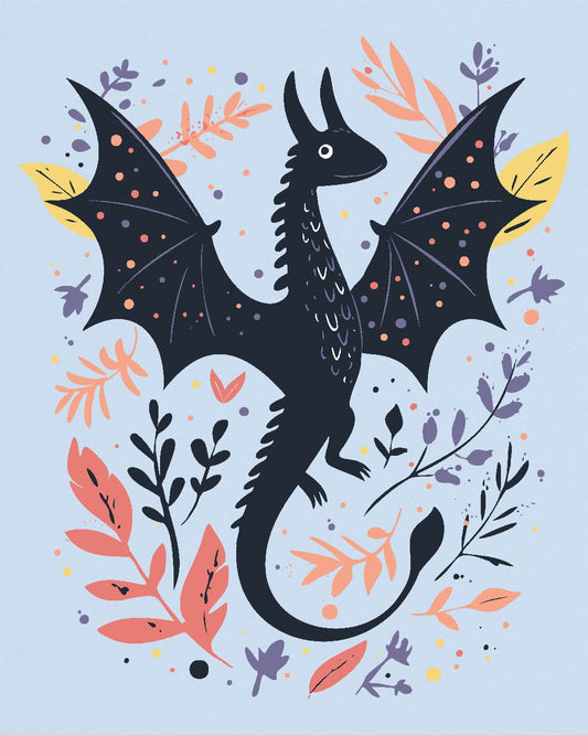 Nature Dragon shirt in light blue featuring a whimsical flying dragon surrounded by leafy accents in earthy tones.