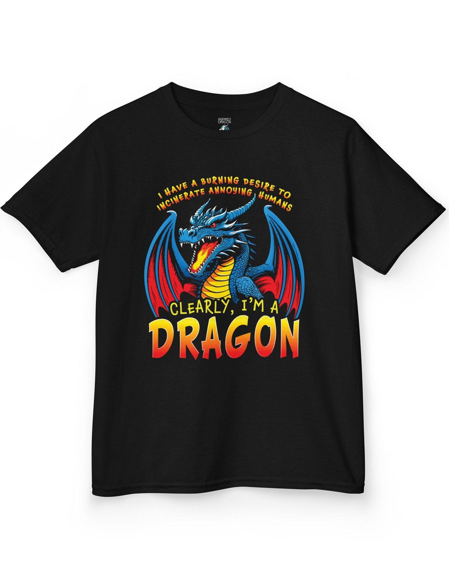 Clearly I'm a Dragon shirt in black featuring a fiery blue dragon with bold comic-style lettering.