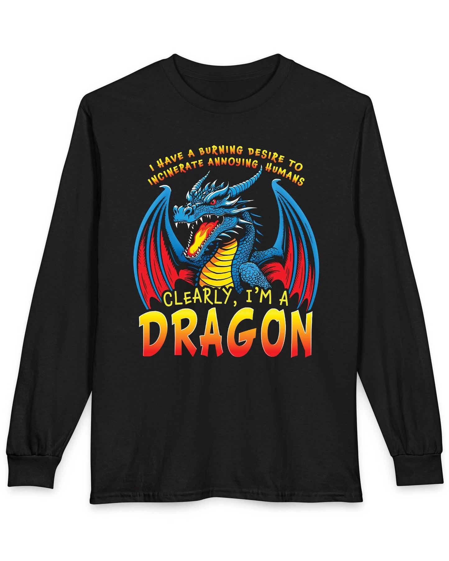 Clearly I'm a Dragon shirt in black featuring a fiery blue dragon with bold comic-style lettering.