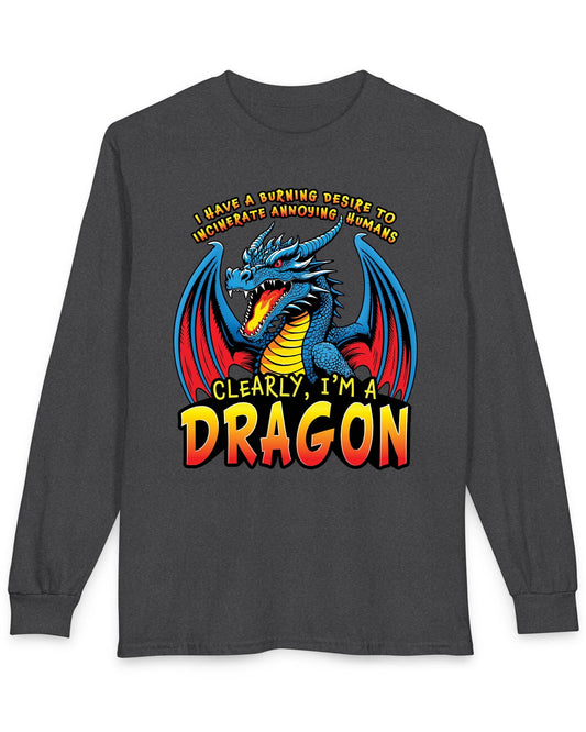Clearly I'm a Dragon shirt in dark heather grey featuring a fiery blue dragon with bold comic-style lettering.