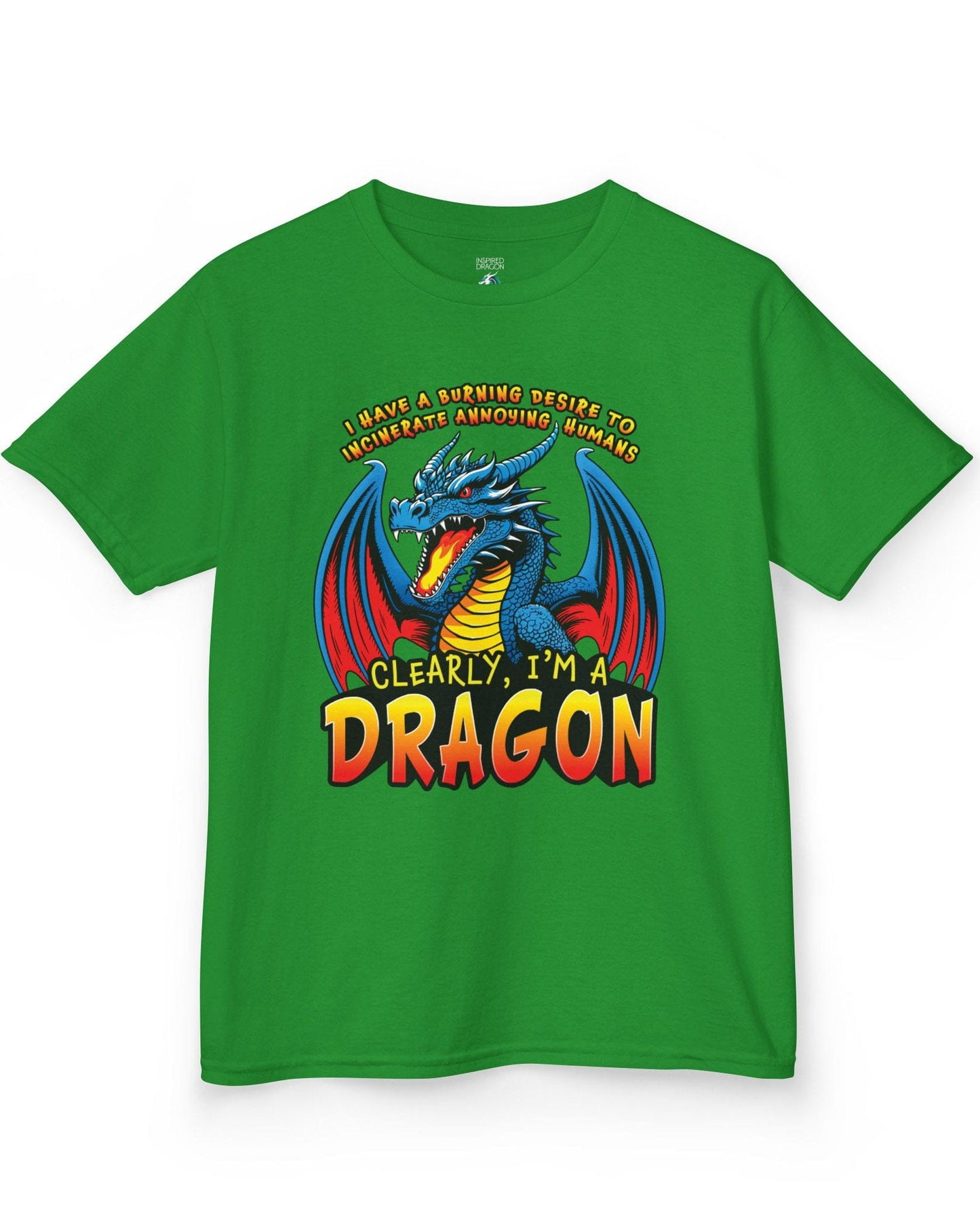 Clearly I'm a Dragon shirt in Irish green featuring a fiery blue dragon with bold comic-style lettering.