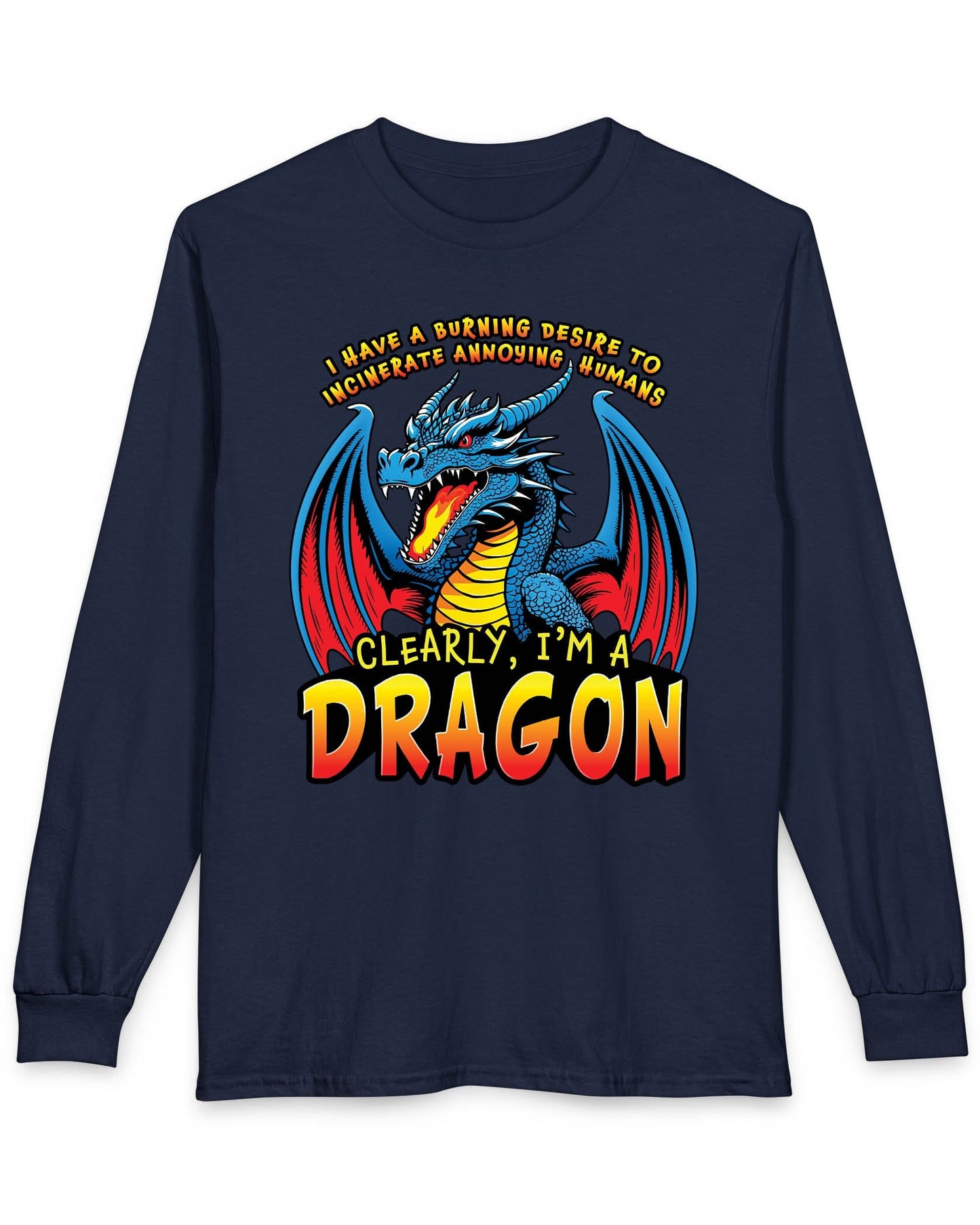 Clearly I'm a Dragon shirt in navy featuring a fiery blue dragon with bold comic-style lettering.