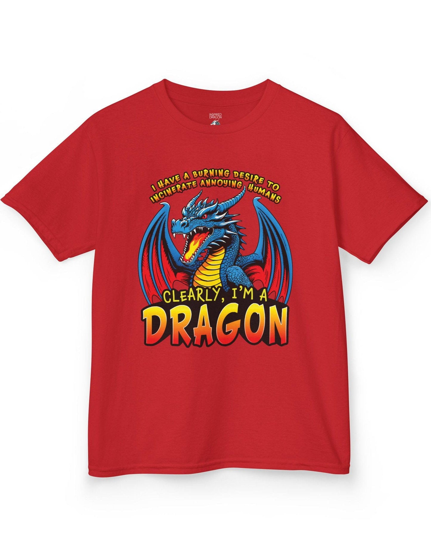 Clearly I'm a Dragon shirt in red featuring a fiery blue dragon with bold comic-style lettering.